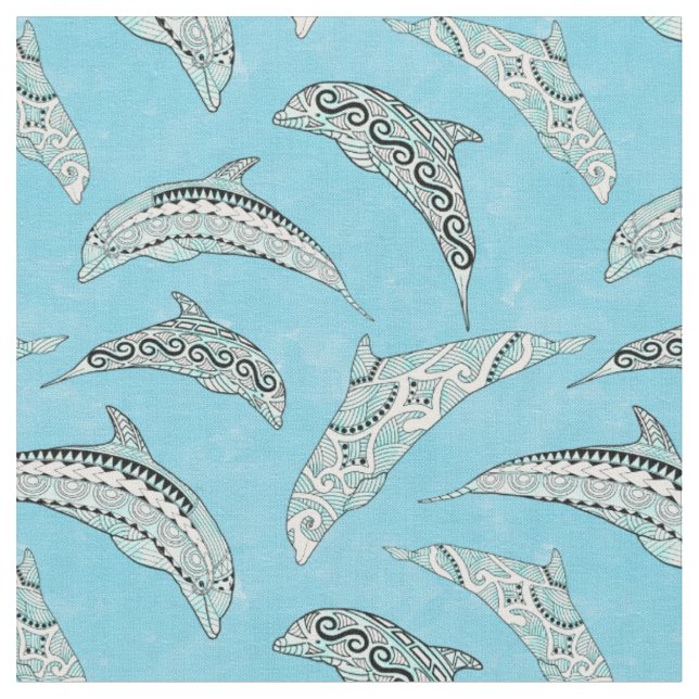 Light Blue Hawaiian Tribal Dolphins Fabric (Close Up)