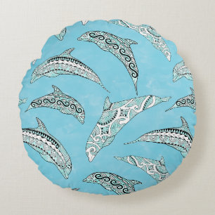 Light Blue Hawaiian Tribal Dolphins Round Cushion