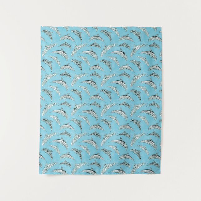 Light Blue Hawaiian Tribal Dolphins Tapestry (Front)