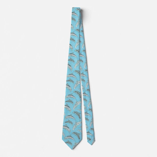 Light Blue Hawaiian Tribal Dolphins Tie (Front)