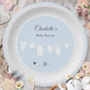 Light Blue Hearts Boho Baby Boy Shower Paper Plate