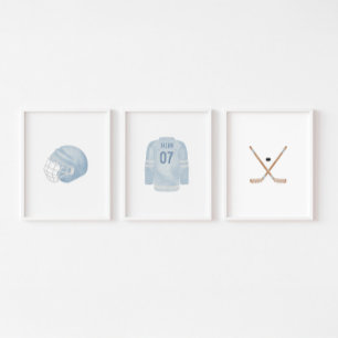 Light blue hockey custom name wall art set of 3
