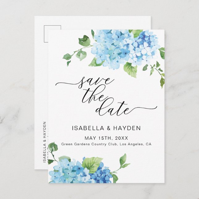 Light Blue Hydrangea Dusty Floral Save The Date Announcement Postcard (Front/Back)