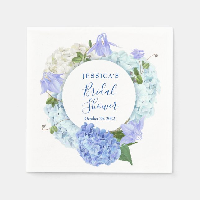 Light Blue Hydrangea Floral Bridal Shower Paper Napkin (Front)