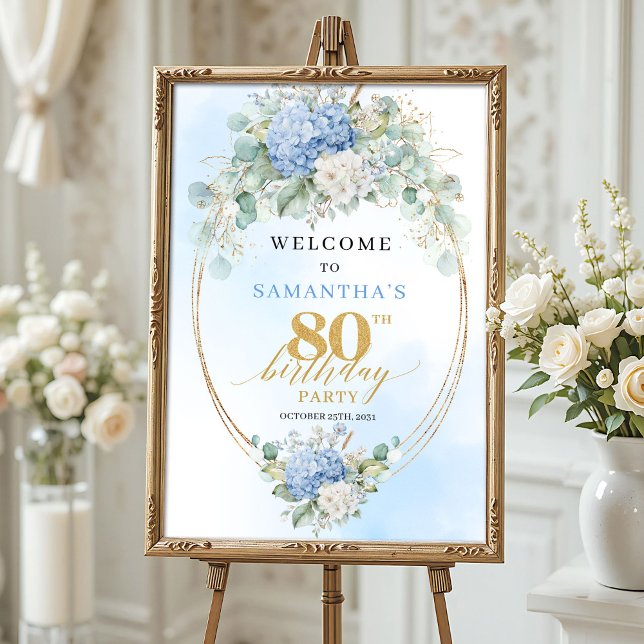 Light Blue Hydrangeas Boho 80th birthday welcome Poster (Light Blue Hydrangeas Boho 80th birthday welcome)