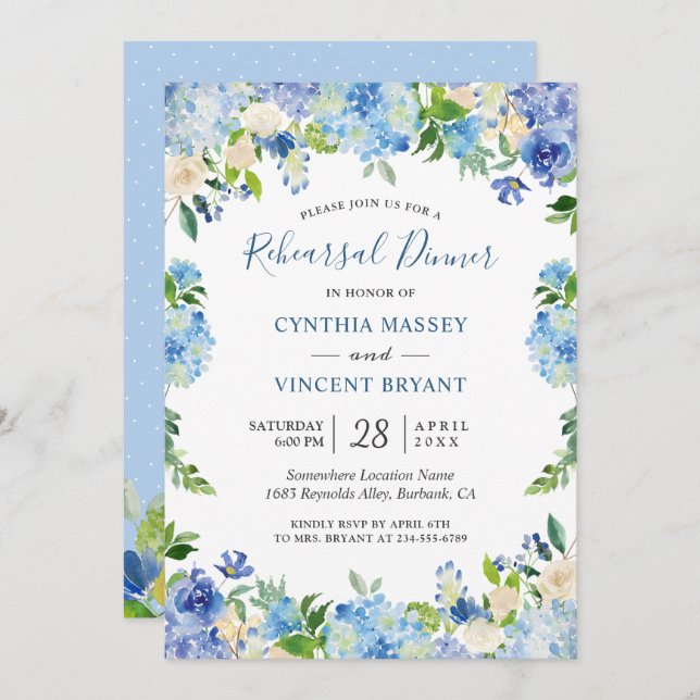 Light Blue Hydrangeas Floral Chic Rehearsal Dinner Invitation (Front/Back)