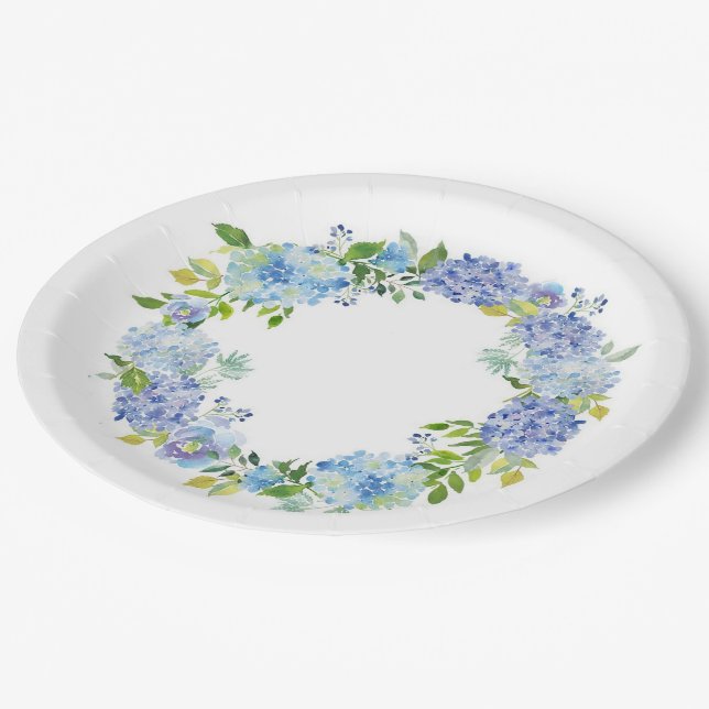 Light Blue Hydrangeas Floral Wedding Party Paper Plate (Angled)