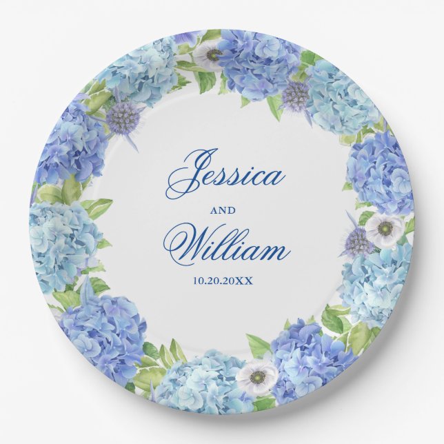 Light Blue Hydrangeas Floral Wedding Party Paper Plate (Front)