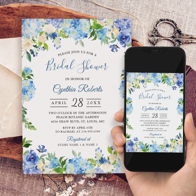 Light Blue Hydrangeas Floral Wreath Bridal Shower Invitation (Creator Uploaded)