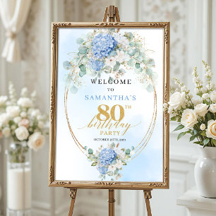 Light Blue Hydrangeas Gold 80th birthday welcome Poster