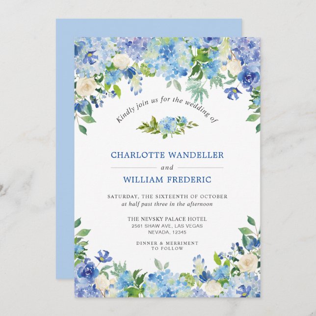 Light Blue Hydrangeas Greenery Watercolor Wedding Invitation (Front/Back)