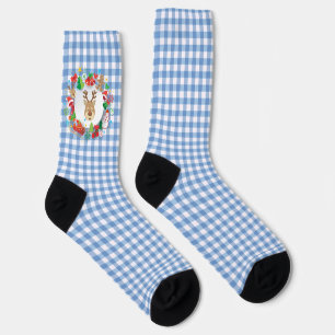 Light Blue Ice Gingham Reindeer Christmas Stocking Socks