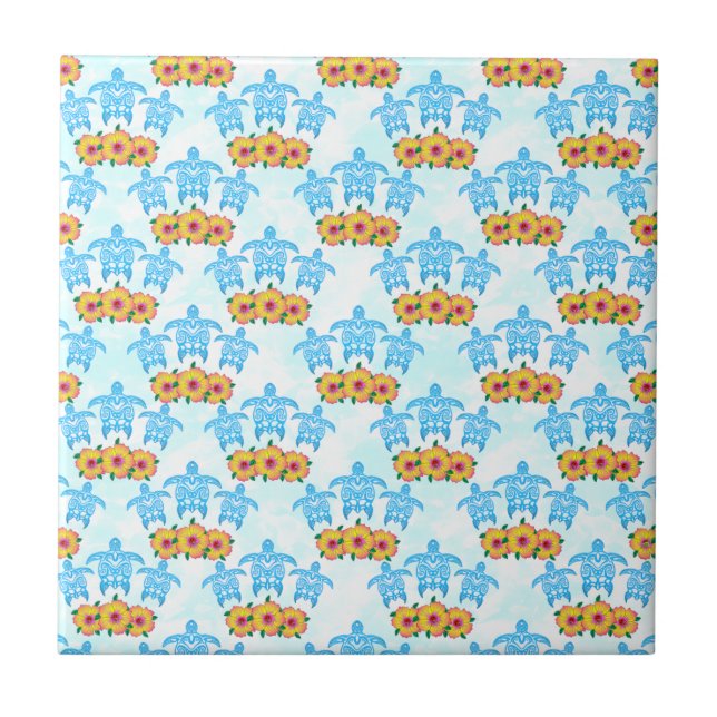 Light Blue Island Tribal Green Sea Turtles Tile (Front)