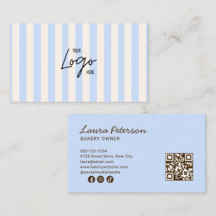Light Blue & Ivory Stripes Bakery Logo QR Code Business Card
