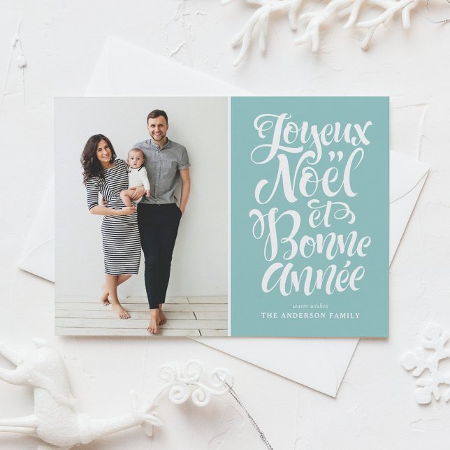 Light Blue Joyeux Noël et Bonne Année Script Photo Holiday Card (Creator Uploaded)