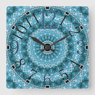 Light Blue Kaleidoscope / Mandala Square Wall Clock