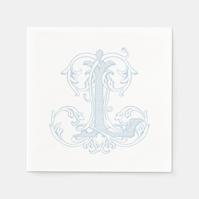 Light Blue "L" Monogram Cocktail Napkins (Front)