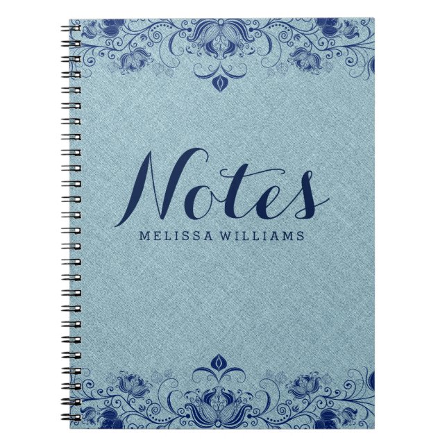 Light Blue Linen & Navy Blue lace Spiral Notebook (Front)