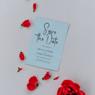 Light Blue linen Simple Black Script Save The Date Invitation