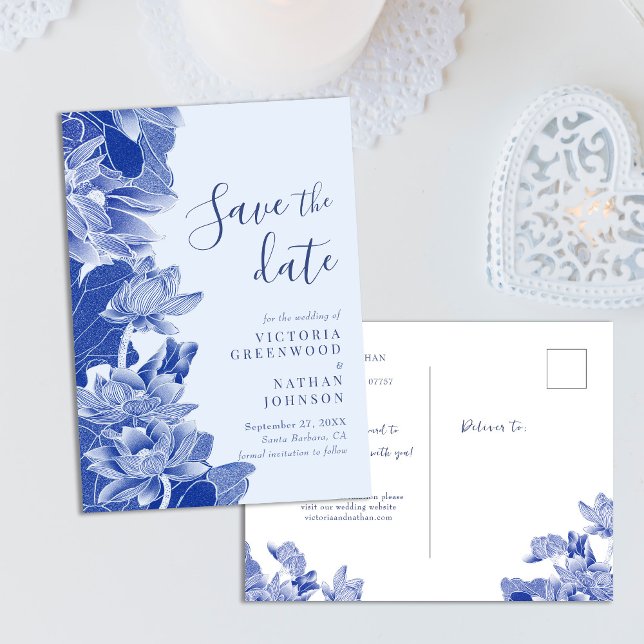 Light Blue Lotus Floral Chinoiserie Save the Date Postcard (Creator Uploaded)