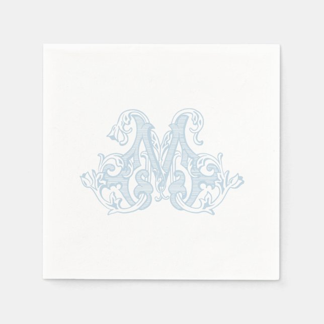 Light Blue "M" Monogram Cocktail Napkins (Front)