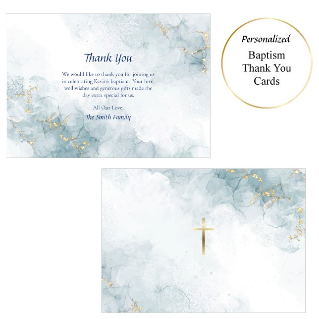 Light Blue Marble Gold Glitter Orthodox Baptism  Thank You Card (Creator Uploaded)