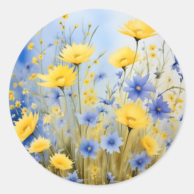 Light Blue Meadow with Delicate Wildflowers Classic Round Sticker (Front)