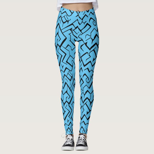 Light Blue Meander Pattern | Modern Maze Leggings (Front)