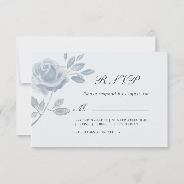 Light Blue Minimal Watercolor Rose Wedding RSVP (Front)