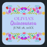 Light Blue Mis Quince Anos Mexican Fiesta Flowers Square Sticker<br><div class="desc">Custom blue and purple Mis Quince Años favour stickers on handy sticker sheets for your invitation envelope seals, favour bags, gift wrap and party decorations. The template is set up ready for you to add your name and the date of your birthday or your quinceanera celebration. This fun and colourful...</div>