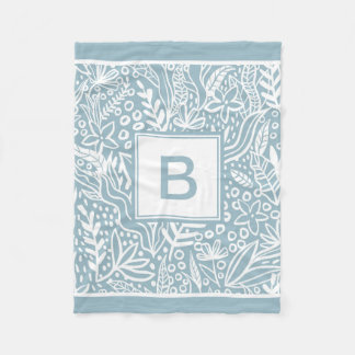 Light Blue Modern Botanical Pattern Monogram Fleece Blanket