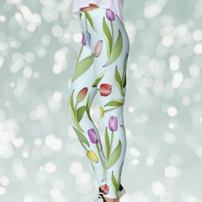 Light Blue Modern Colourful Tulip Floral Pattern Leggings (Creator Uploaded)
