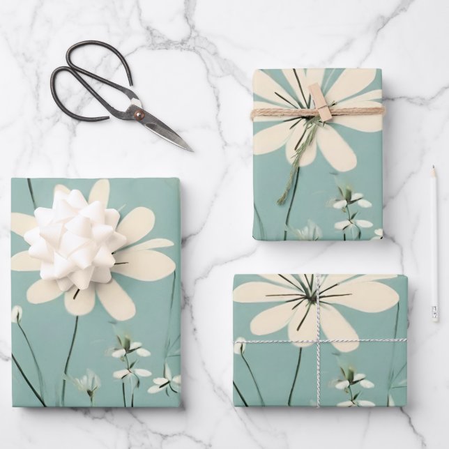 Light Blue Modern Groovy Daisy Flowers Wrapping Paper Sheet (Front)