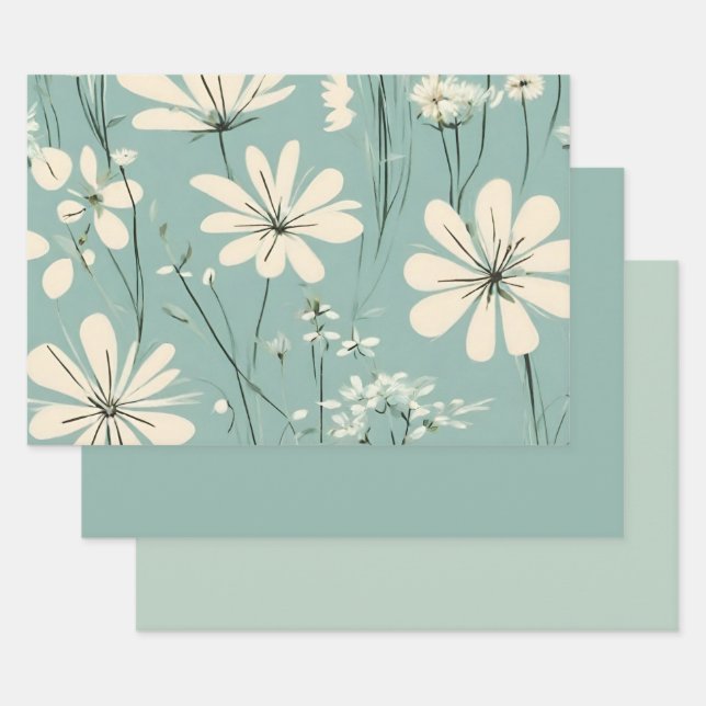 Light Blue Modern Groovy Daisy Flowers Wrapping Paper Sheet (Set)