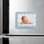Light Blue Modern Scalloped Birth Announcement Magnet<br><div class="desc">Modern birth announcement magnet featuring your baby's photo nestled inside of a light blue scalloped frame. Personalise the light blue birth announcement magnet by adding your baby's name and additional information in navy lettering.</div>