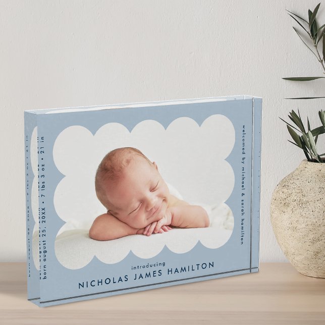Light Blue Modern Scalloped Birth Announcement Photo Block (Creator Uploaded)