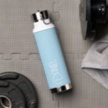 Light Blue Modern Typography Personalised Water Bottle<br><div class="desc">Trendy, vacuum insulated water bottle that features personalised name in white, modern typography on a light blue colour background. Personalise bottle by editing name and replacing name with your own as desired. Perfect for a birthday gift, wedding groomsman gift, etc. Select your water bottle style. Select your water bottle style....</div>