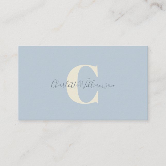 Light Blue Monogram with Script Name Overlay Business Card (Front)
