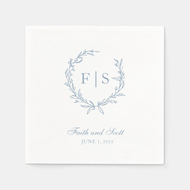 Light Blue Monogram Wreath Disposable Napkins (Front)