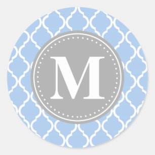 Light Blue Moroccan Lattice Grey Monogram Classic Round Sticker