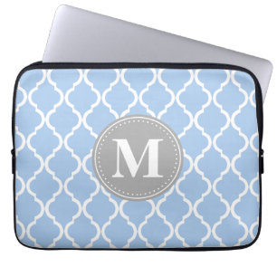 Light Blue Moroccan Lattice Grey Monogram Laptop Sleeve