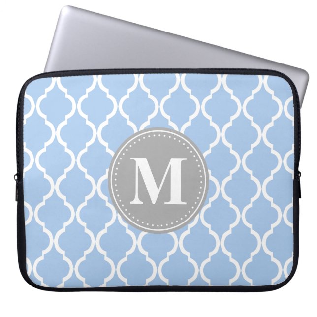 Light Blue Moroccan Lattice Grey Monogram Laptop Sleeve (Front)