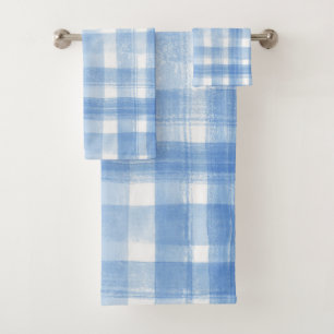 Light Blue n White Watercolor Gingham Chequered Bath Towel Set