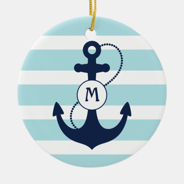 Light Blue Nautical Anchor Monogram Ceramic Tree Decoration (Front)