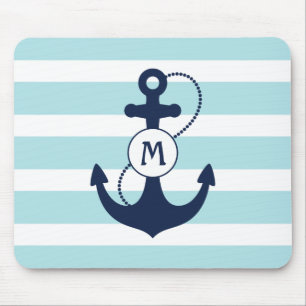 Light Blue Nautical Anchor Monogram Mouse Pad