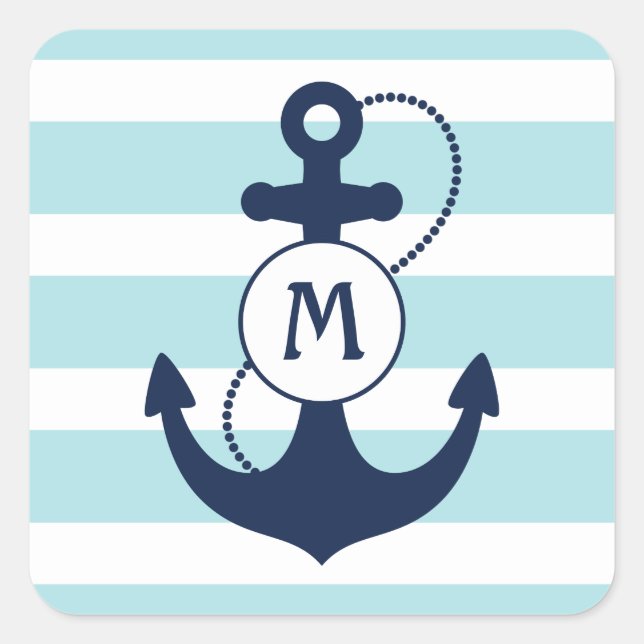 Light Blue Nautical Anchor Monogram Square Sticker (Front)
