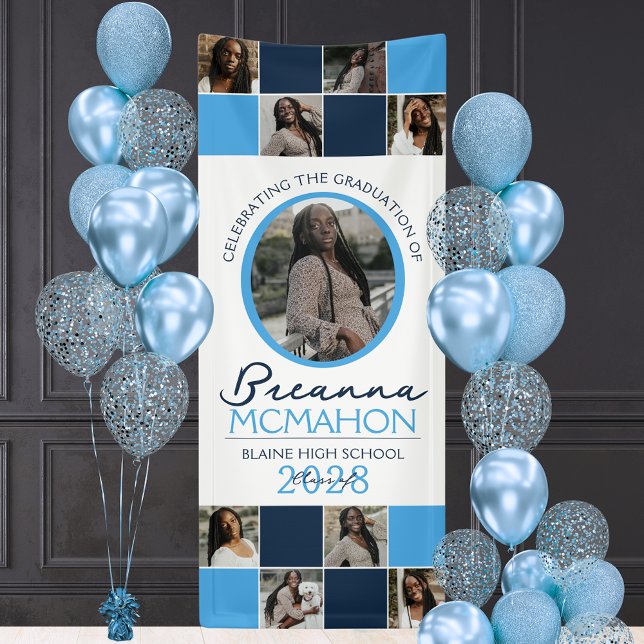 Light Blue & Navy 9 Photo Collage Graduation Vinyl Banner (Navy Blue and Baby Blue 9 Photo Vinyl Graduation Hanging Banner. Indoor or Outdoor Use!)