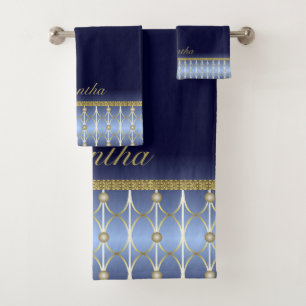 Light Blue, Navy Blue And Gold Patterned Bath Towel Set