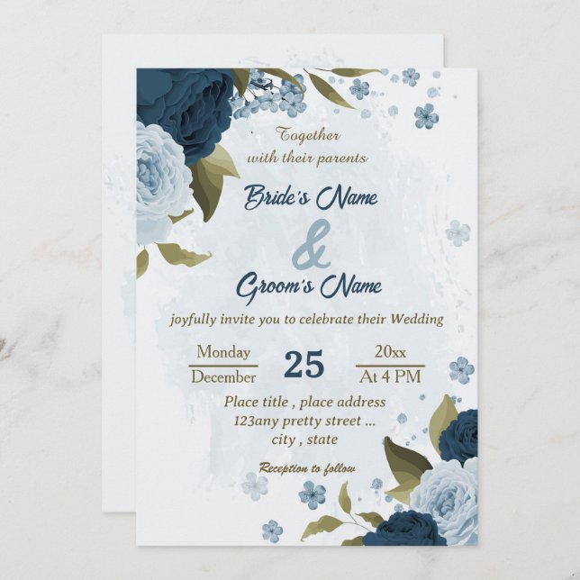 light blue navy blue flowers botanical wedding invitation (Front/Back)