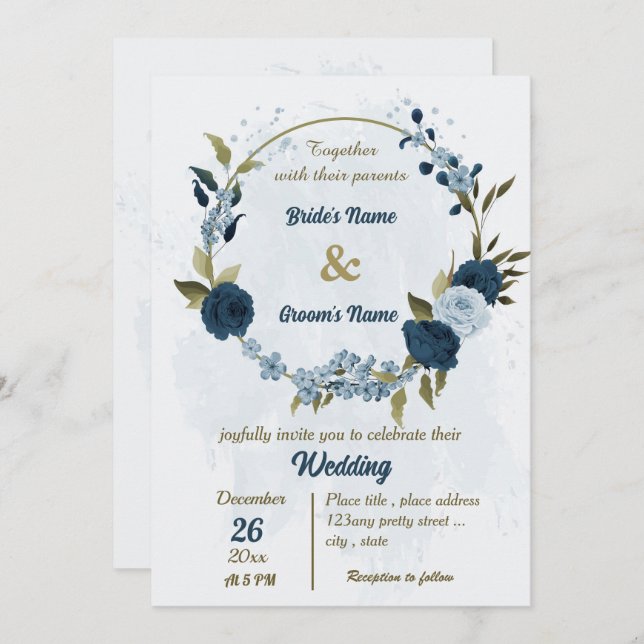 light blue navy blue flowers botanical wedding invitation (Front/Back)